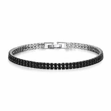 A tennis bracelet with black stones set in a silver band, featuring a secure metal clasp.