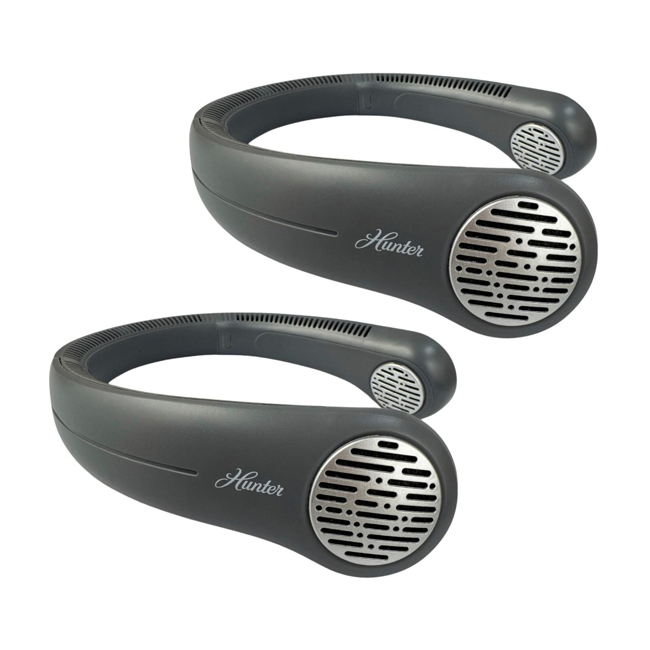 A pair of portable neckband fans with a dark gray finish and metallic grilles, branded with \“Hunter.\“ They are designed to be worn around the neck for personal cooling.