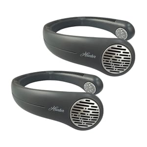 A pair of portable neckband fans with a dark gray finish and metallic grilles, branded with \“Hunter.\“ They are designed to be worn around the neck for personal cooling.