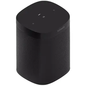 A Sonos smart speaker in black with touch controls on top, designed for high-quality sound and wireless streaming.