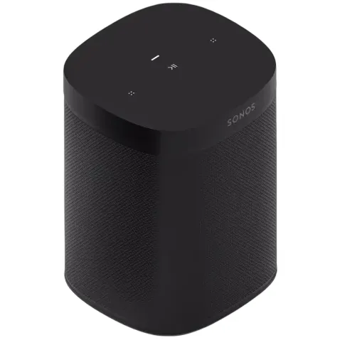 A Sonos smart speaker in black with touch controls on top, designed for high-quality sound and wireless streaming.
