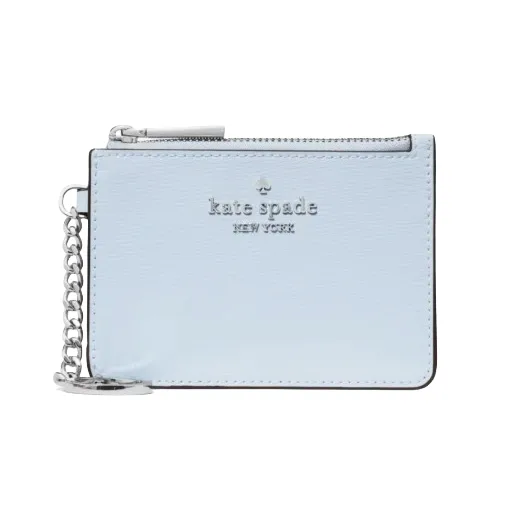 A light blue Kate Spade New York cardholder with a metal keychain and zipper closure.