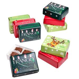 Assorted Frango mint chocolates in holiday-themed boxes featuring penguins and a reindeer, each weighing 1.4 oz (39g). Boxes are stacked in various colors: dark green, red, and light green.
