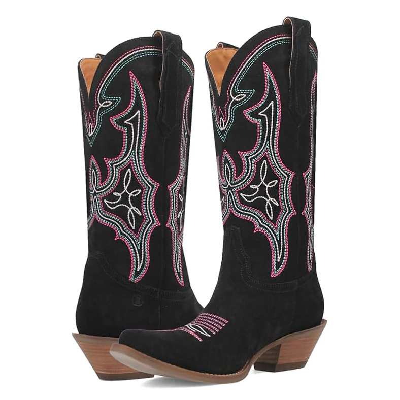 Black suede cowboy boots with decorative pink and green stitching on the shaft and a squared-off toe.