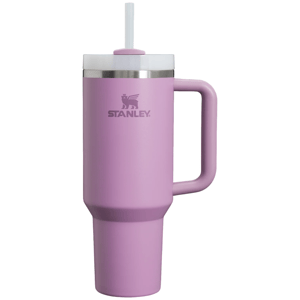 Purple Stanley travel tumbler with handle and straw, featuring a stainless steel rim.