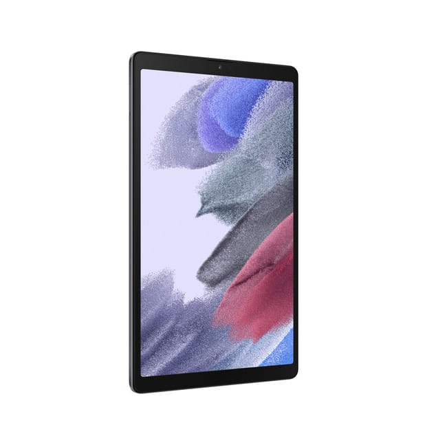 Black tablet with a colorful abstract wallpaper on the screen.