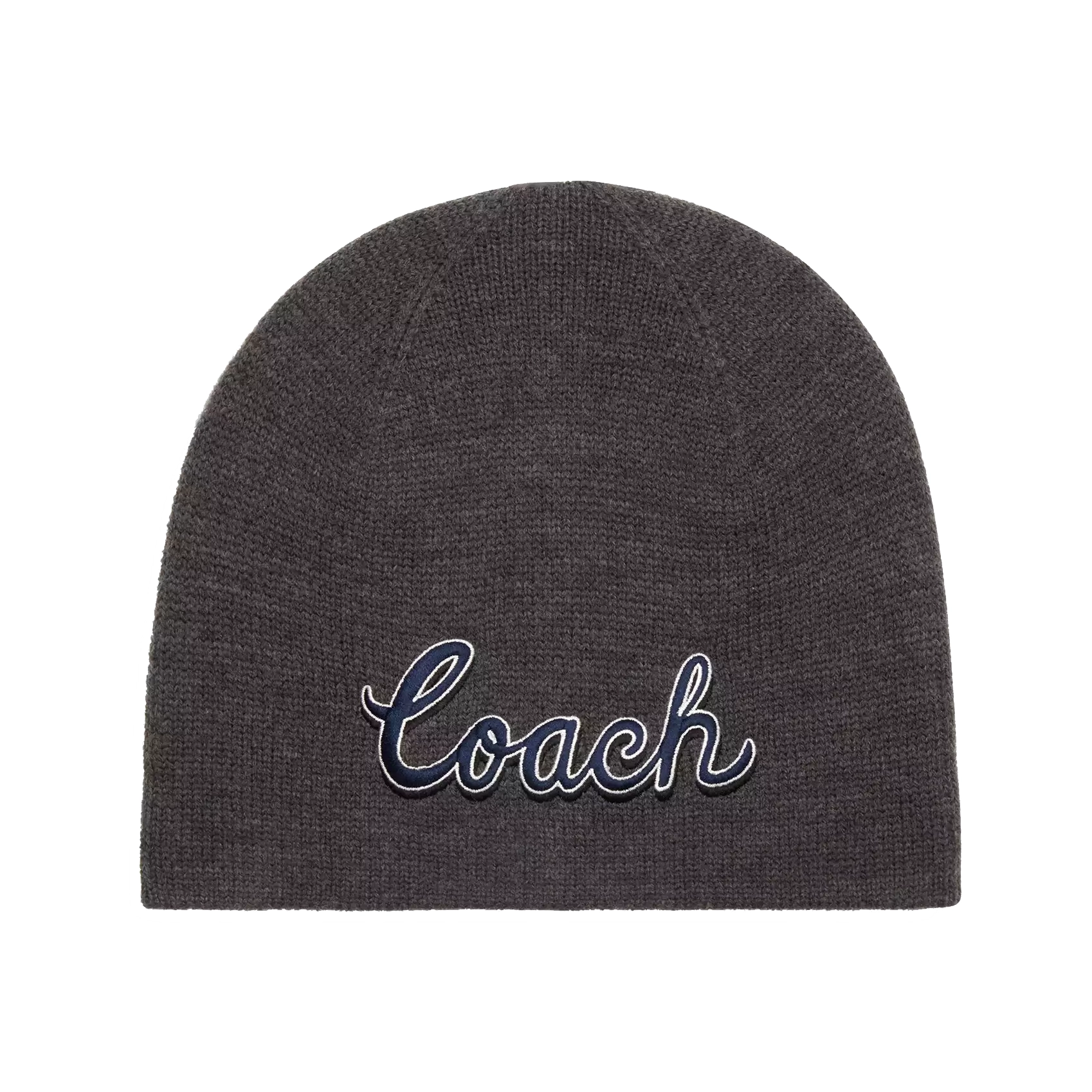 Gray knit beanie featuring the word \“Coach\“ embroidered in a script font.