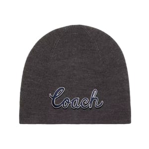 Gray knit beanie featuring the word \“Coach\“ embroidered in a script font.