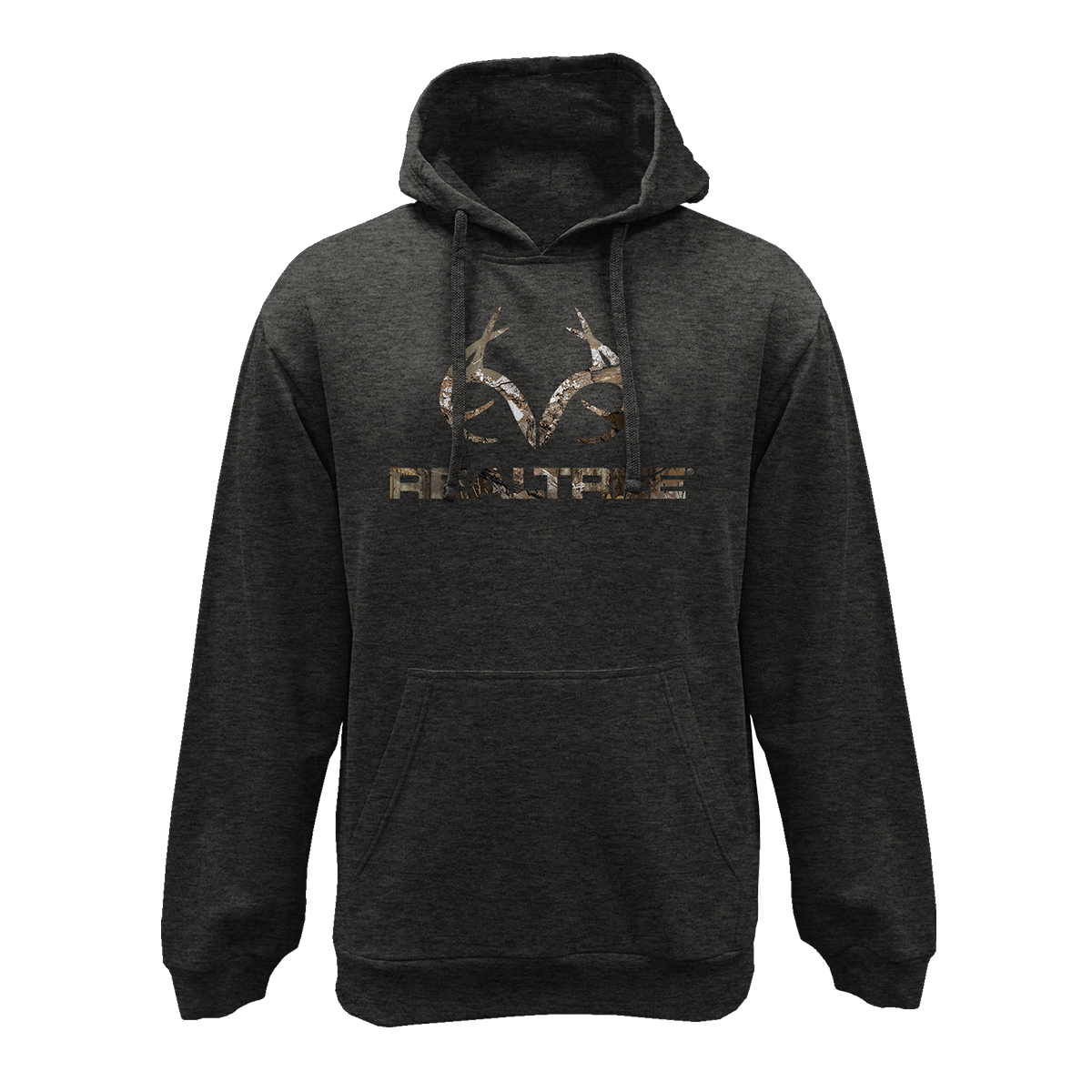 Two identical gray hoodies feature a Realtree logo with antler graphics, designed for camouflage enthusiasts or hunters. The hoodies have a drawstring hood and a front pouch pocket.