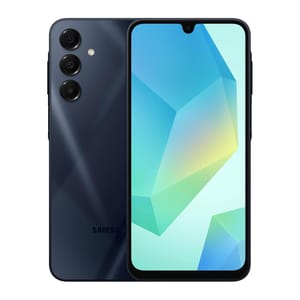 A Samsung smartphone with a triple camera setup on the back and a display featuring a notch at the top.