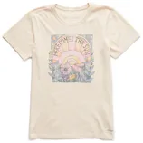 Cream-colored T-shirt featuring a \“Here Comes the Sun\“ graphic with a sunburst, flowers, and foliage design.