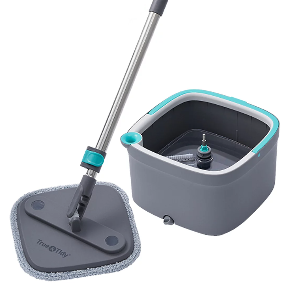 A mop and bucket cleaning set with a microfiber pad and a spin mechanism for rinsing. The set features a rectangular mop head and a compact, square bucket with a handle and a spout for easy water drainage.