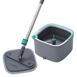 A mop and bucket cleaning set with a microfiber pad and a spin mechanism for rinsing. The set features a rectangular mop head and a compact, square bucket with a handle and a spout for easy water drainage.