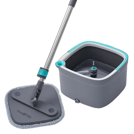 A mop and bucket cleaning set with a microfiber pad and a spin mechanism for rinsing. The set features a rectangular mop head and a compact, square bucket with a handle and a spout for easy water drainage.