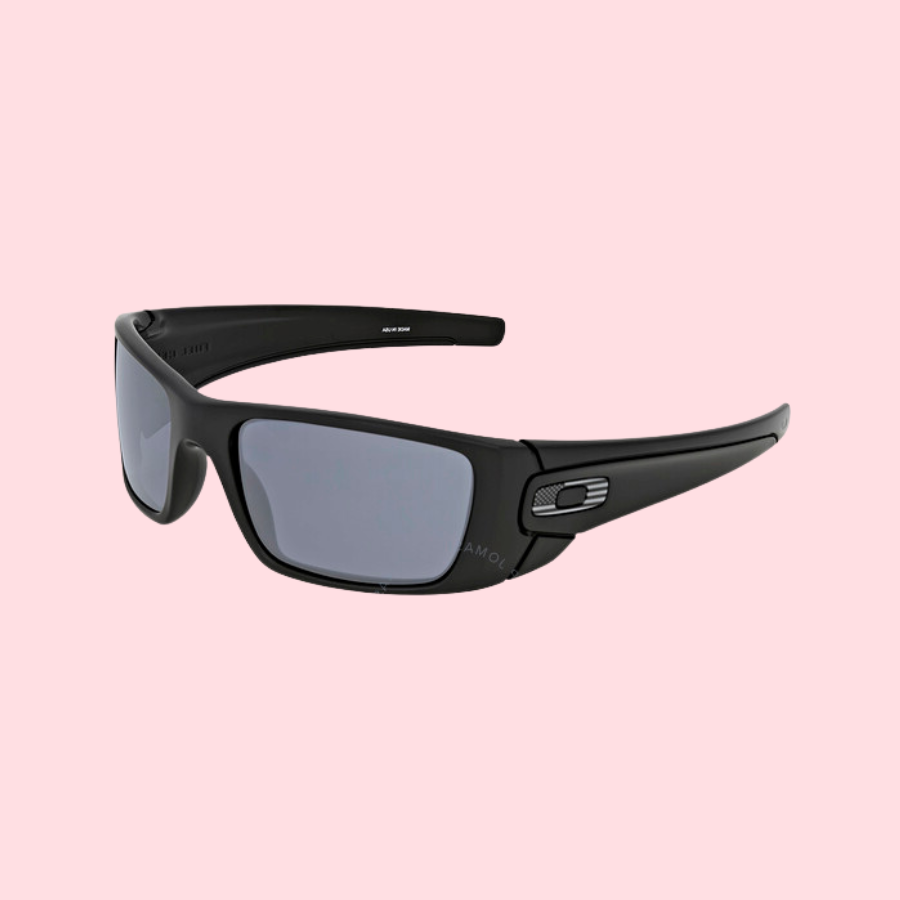 Black wrap-around sunglasses with rectangular lenses and a glossy finish, featuring a distinct logo on the temple piece.