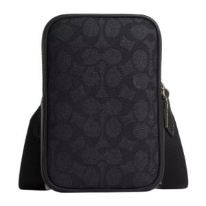 Black crossbody bag with embossed pattern and zipper closure on the side.