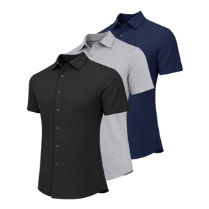 A set of three short-sleeved button-up shirts in black, gray, and navy blue. They feature classic collars and a streamlined design.