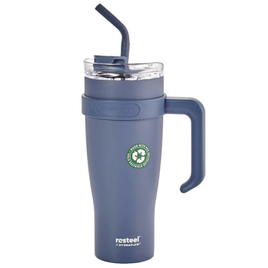 A blue stainless steel tumbler with a handle, featuring a clear lid and a straw. It has a recycling emblem and branding \“resteel x HYDRAFLOW.\“