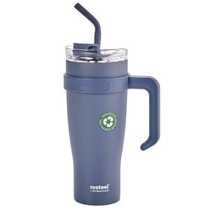 A blue stainless steel tumbler with a handle, featuring a clear lid and a straw. It has a recycling emblem and branding \“resteel x HYDRAFLOW.\“