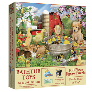 \“Bathtub Toys\“ is a 500-piece jigsaw puzzle featuring artwork by Lori Schory, with a finished size of 18\“x24\“, showcasing a farm scene with ducklings and a puppy. Eco-friendly and recommended for ages 8 and up.