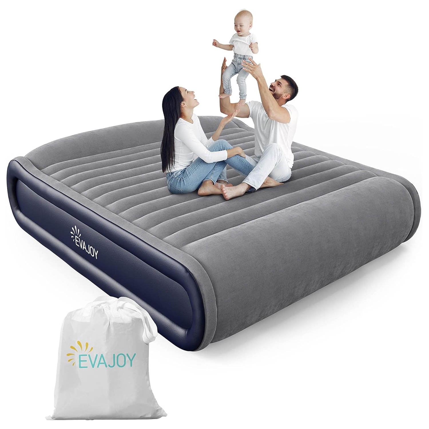 Queen-sized air mattress with a built-in pump, showcasing a family sitting on it, featuring a gray and dark blue design. Comes with an Evajoy-branded storage bag.
