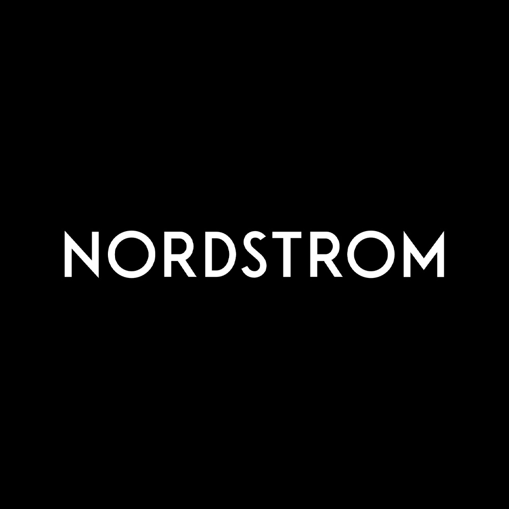The image shows the logo of Nordstrom in white text on a black background.