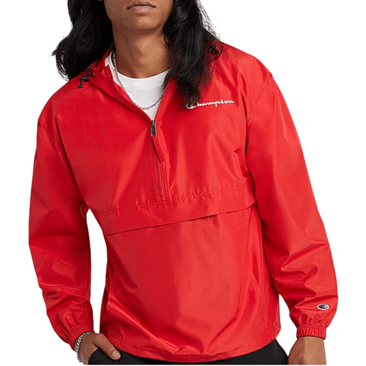 Red Champion windbreaker jacket with a half-zip design, elastic cuffs, and logo detailing on the chest and sleeves.