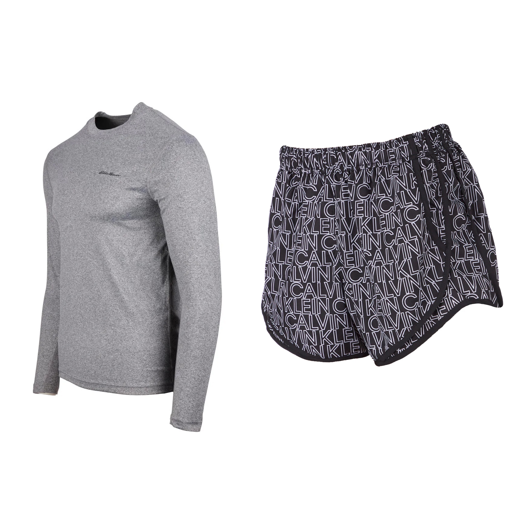 Gray long-sleeve shirt with a small logo on the chest and black athletic shorts with an all-over brand logo print.
