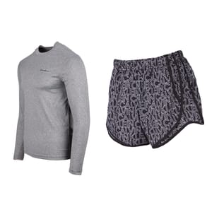 Gray long-sleeve shirt with a small logo on the chest and black athletic shorts with an all-over brand logo print.