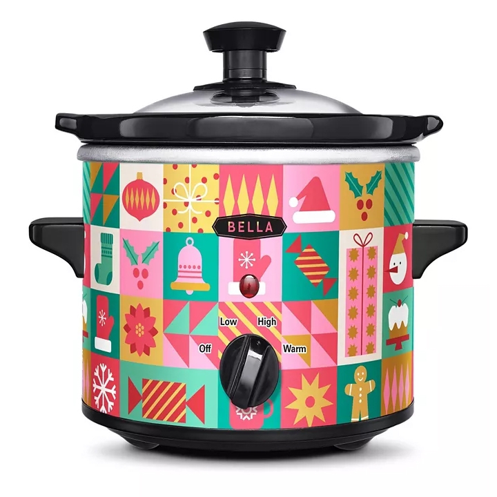 Holiday-themed slow cooker with a colorful, festive pattern featuring Christmas motifs like Santa hats, snowflakes, gifts, and more. Features a control dial with settings for Off, Low, High, and Warm.