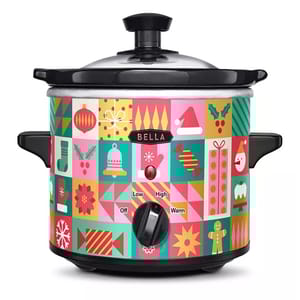 Holiday-themed slow cooker with a colorful, festive pattern featuring Christmas motifs like Santa hats, snowflakes, gifts, and more. Features a control dial with settings for Off, Low, High, and Warm.