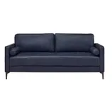 A navy blue leather sofa with two seat cushions, two back cushions, and round armrest pillows. The sofa features sleek black legs.