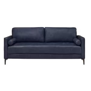 A navy blue leather sofa with two seat cushions, two back cushions, and round armrest pillows. The sofa features sleek black legs.