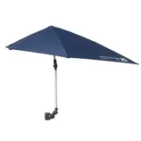 Versa-Brella XL, a blue adjustable clamp-on umbrella designed for sun protection, featuring a telescopic pole and a flexible arm for easy positioning.