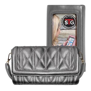 Silver quilted purse with a clear touchscreen window, offering easy access to a smartphone without removing it. Features detachable strap with gold-tone hardware.