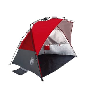 A portable shade tent with a red and grey canopy, mesh sides, and an extendable black floor, designed for outdoor use.