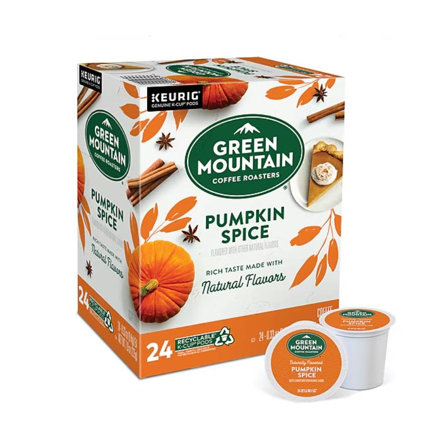 Green Mountain Coffee Roasters' Pumpkin Spice K-Cups come in a box of 24 recyclable pods, designed for use with Keurig brewers, featuring a rich flavor with natural spices.