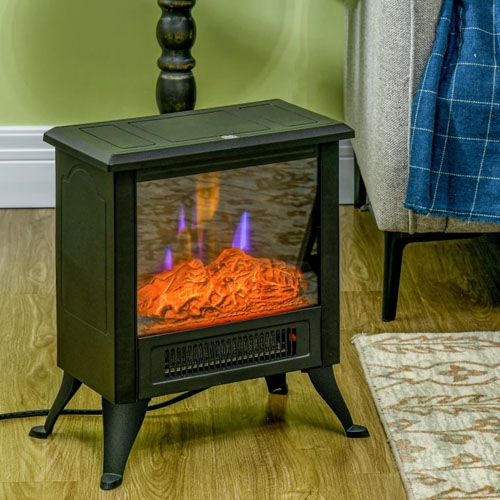 An electric fireplace heater with visible flame effect.
