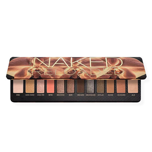 Makeup eyeshadow palette with 12 shades in neutral and warm tones, featuring various finishes from matte to shimmer.
