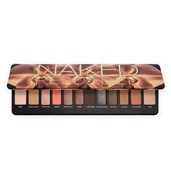 Makeup eyeshadow palette with 12 shades in neutral and warm tones, featuring various finishes from matte to shimmer.