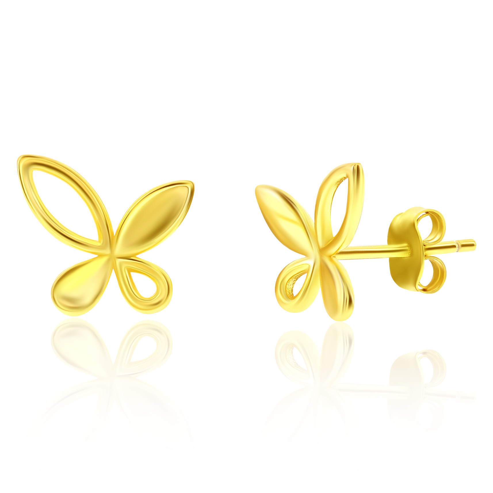 Gold butterfly-shaped stud earrings with a smooth, curved design and push-back closures.