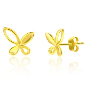 Gold butterfly-shaped stud earrings with a smooth, curved design and push-back closures.
