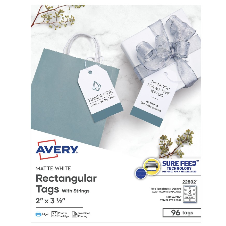 Avery Matte White Rectangular Tags with Strings, size 2\“ x 3½\“, featuring Sure Feed Technology. Pack contains 96 tags, suitable for inkjet printing, with options for edge-to-edge and two-sided printing.