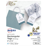 Avery Matte White Rectangular Tags with Strings, size 2\“ x 3½\“, featuring Sure Feed Technology. Pack contains 96 tags, suitable for inkjet printing, with options for edge-to-edge and two-sided printing.