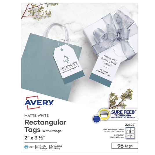Avery Matte White Rectangular Tags with Strings, size 2\“ x 3½\“, featuring Sure Feed Technology. Pack contains 96 tags, suitable for inkjet printing, with options for edge-to-edge and two-sided printing.