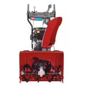 A red and black snowblower with a chute on the right side and dual-stage augers.