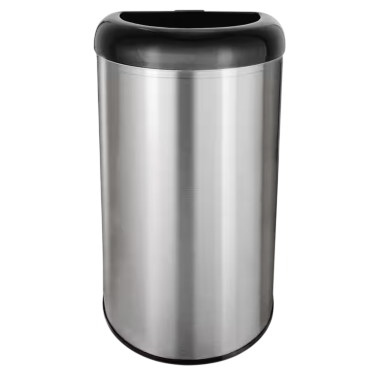 Silver cylindrical trash can with a black lid.