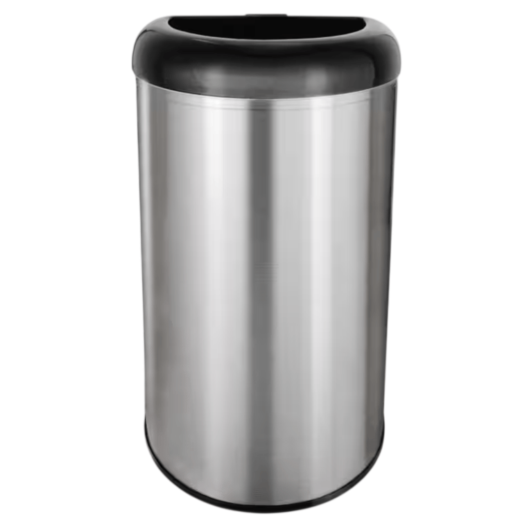 Silver cylindrical trash can with a black lid.