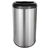 Silver cylindrical trash can with a black lid.