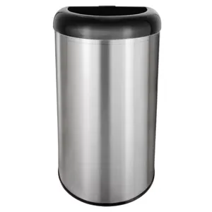 Silver cylindrical trash can with a black lid.